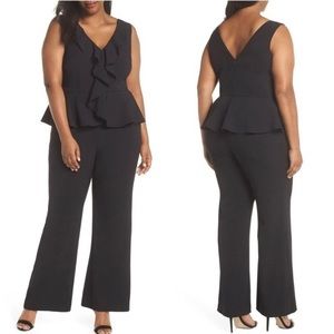 ELIZA J Sleeveless Crepe Peplum Wide Leg Jumpsuit Black with Pockets Sz 16W